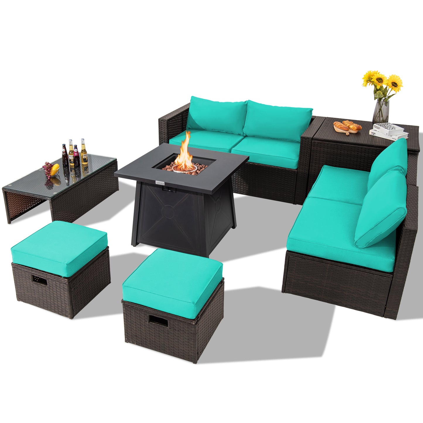 Topbuy 9PCS Outdoor Patio Furniture Set with 30inch Propane Fire Pit Table PE Wicker Space-Saving Sectional Sofa Set w/ Storage Box & Cushions