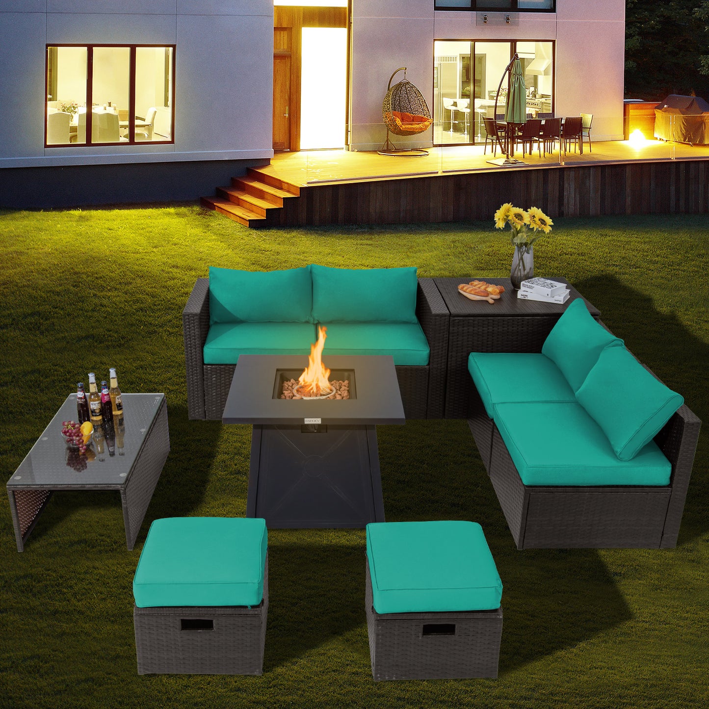 Topbuy 9PCS Outdoor Patio Furniture Set with 30inch Propane Fire Pit Table PE Wicker Space-Saving Sectional Sofa Set w/ Storage Box & Cushions