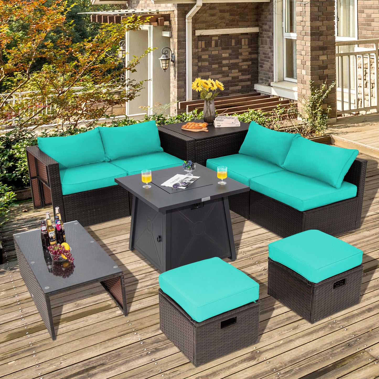 Topbuy 9PCS Outdoor Patio Furniture Set with 30inch Propane Fire Pit Table PE Wicker Space-Saving Sectional Sofa Set w/ Storage Box & Cushions