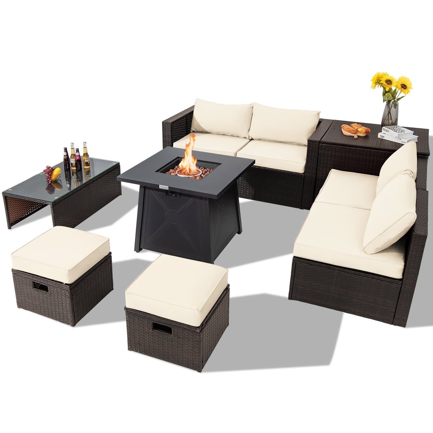 Topbuy 9PCS Outdoor Patio Furniture Set with 30inch Propane Fire Pit Table PE Wicker Space-Saving Sectional Sofa Set w/ Storage Box & Cushions