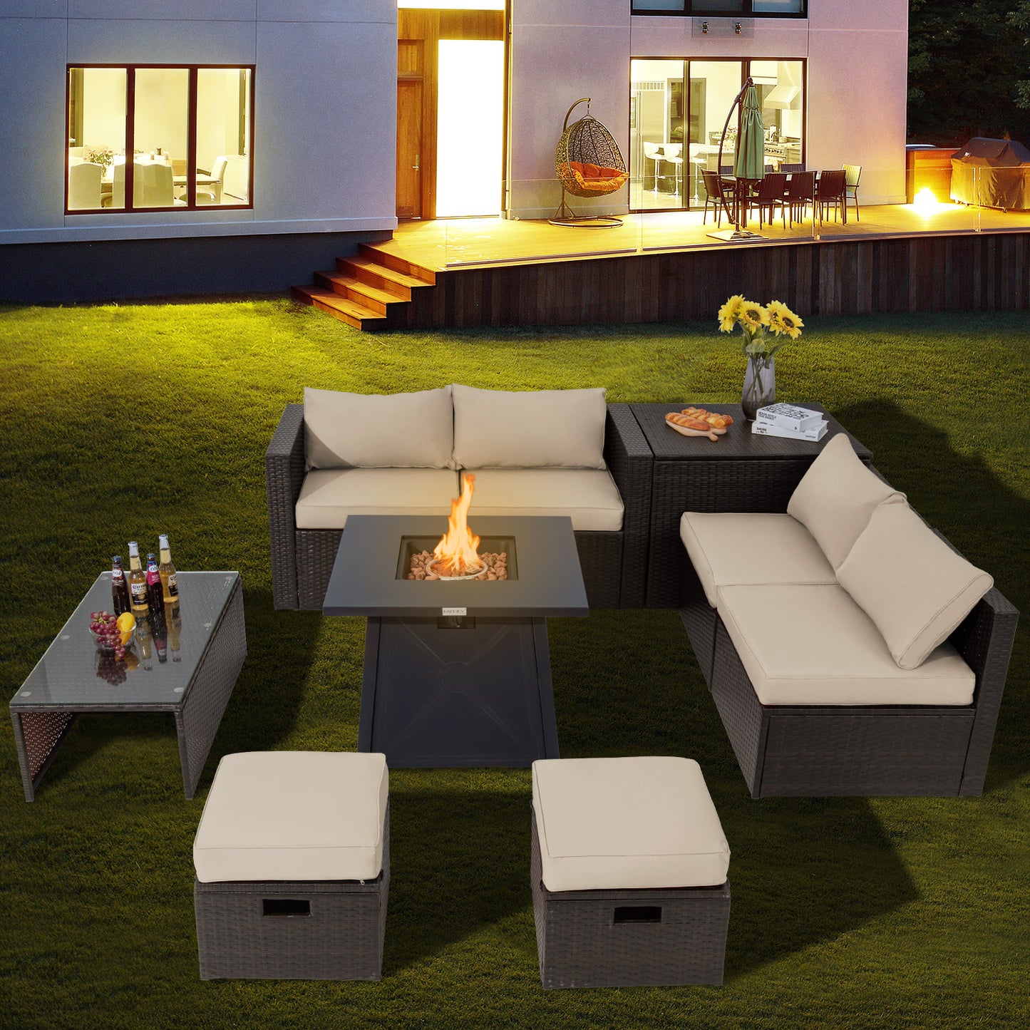Topbuy 9PCS Outdoor Patio Furniture Set with 30inch Propane Fire Pit Table PE Wicker Space-Saving Sectional Sofa Set w/ Storage Box & Cushions