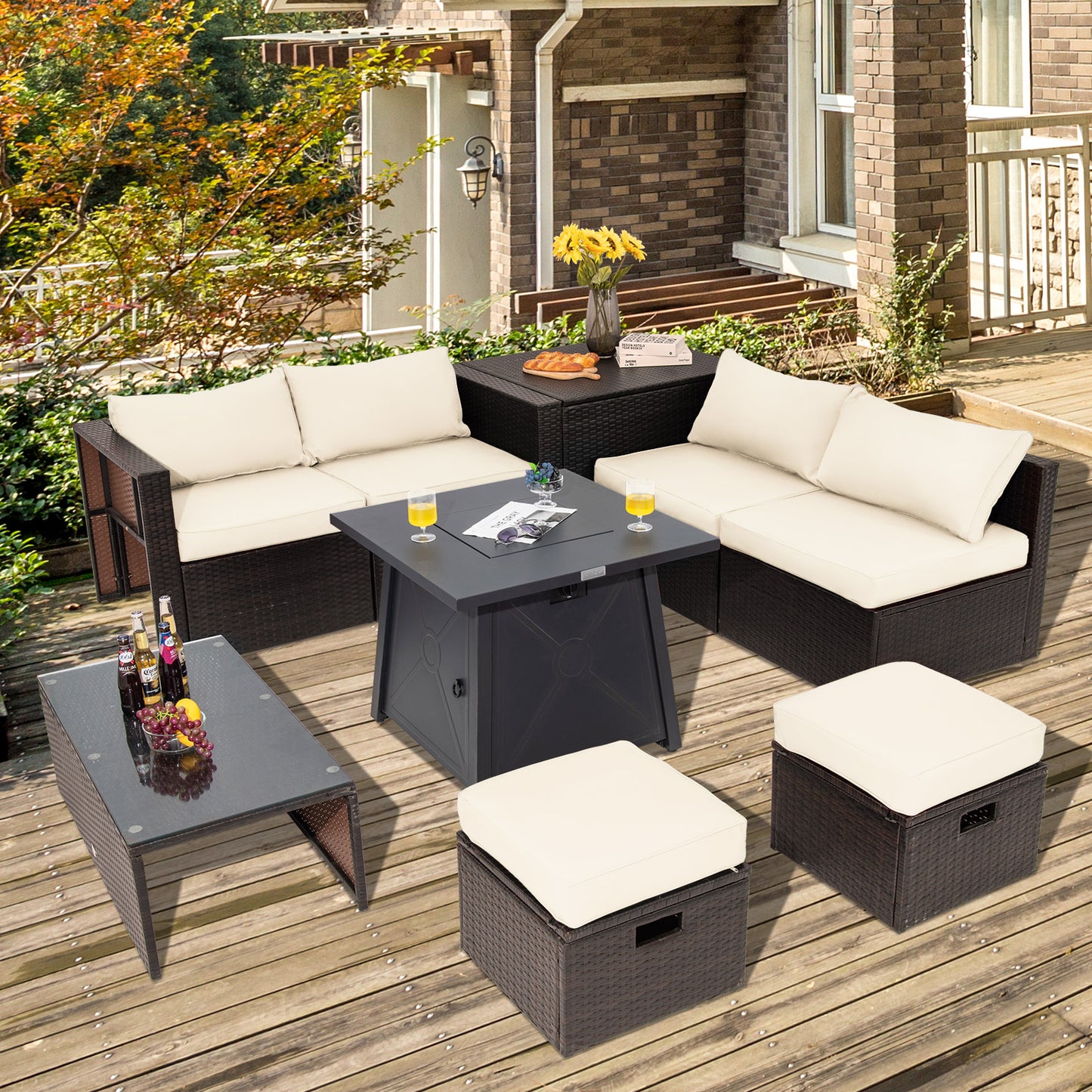 Topbuy 9PCS Outdoor Patio Furniture Set with 30inch Propane Fire Pit Table PE Wicker Space-Saving Sectional Sofa Set w/ Storage Box & Cushions