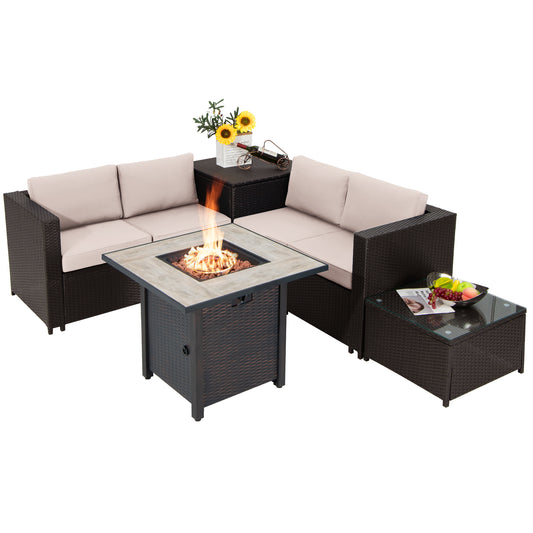 Topbuy 5-Piece Patio Furniture Set with 30 Inches Gas Fire Pit Table Outdoor PE Wicker Conversation Sectional Sofa Set with Cushions