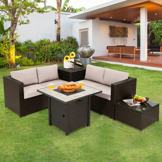 Topbuy 5-Piece Patio Furniture Set with 30 Inches Gas Fire Pit Table Outdoor PE Wicker Conversation Sectional Sofa Set with Cushions