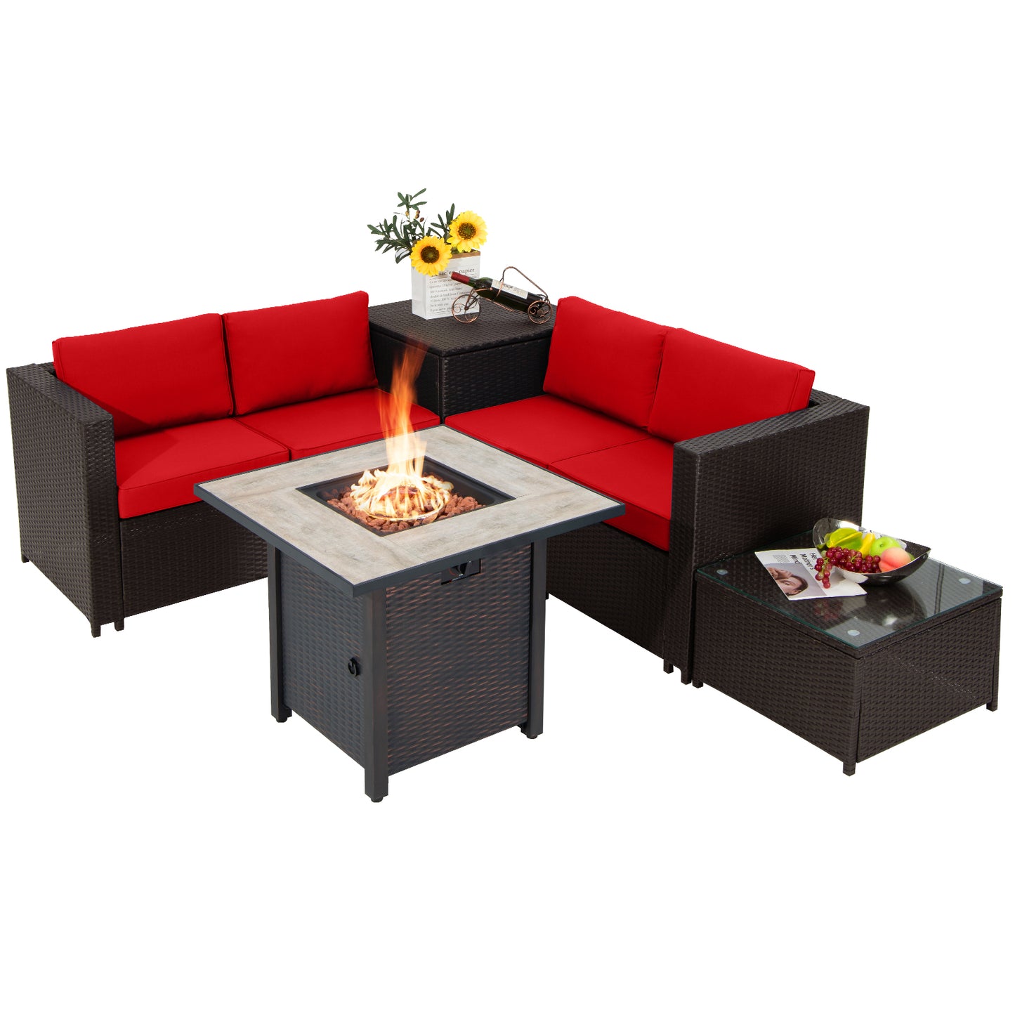 Topbuy 5-Piece Patio Furniture Set with 30 Inches Gas Fire Pit Table Outdoor PE Wicker Conversation Sectional Sofa Set with Cushions