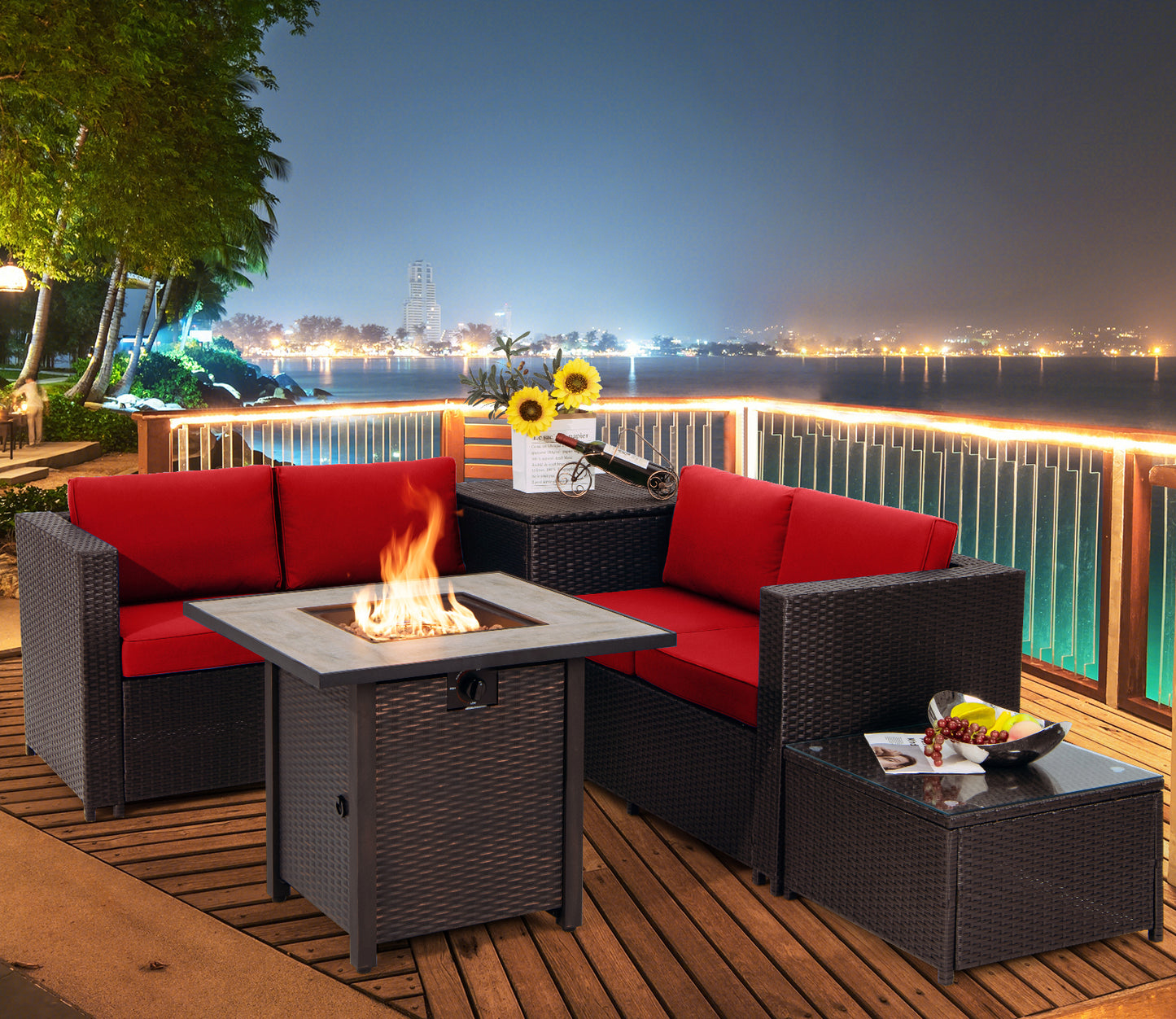 Topbuy 5-Piece Patio Furniture Set with 30 Inches Gas Fire Pit Table Outdoor PE Wicker Conversation Sectional Sofa Set with Cushions