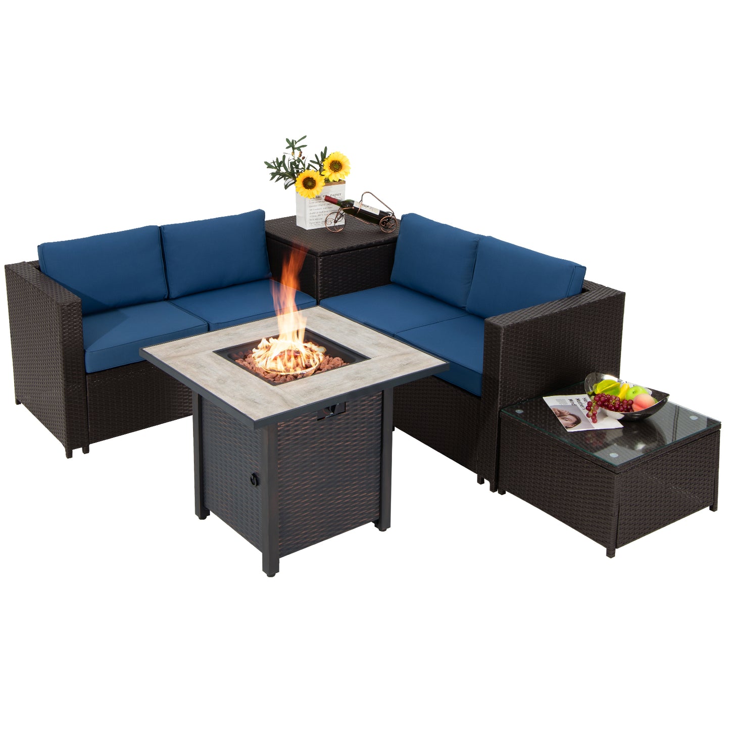 Topbuy 5-Piece Patio Furniture Set with 30 Inches Gas Fire Pit Table Outdoor PE Wicker Conversation Sectional Sofa Set with Cushions