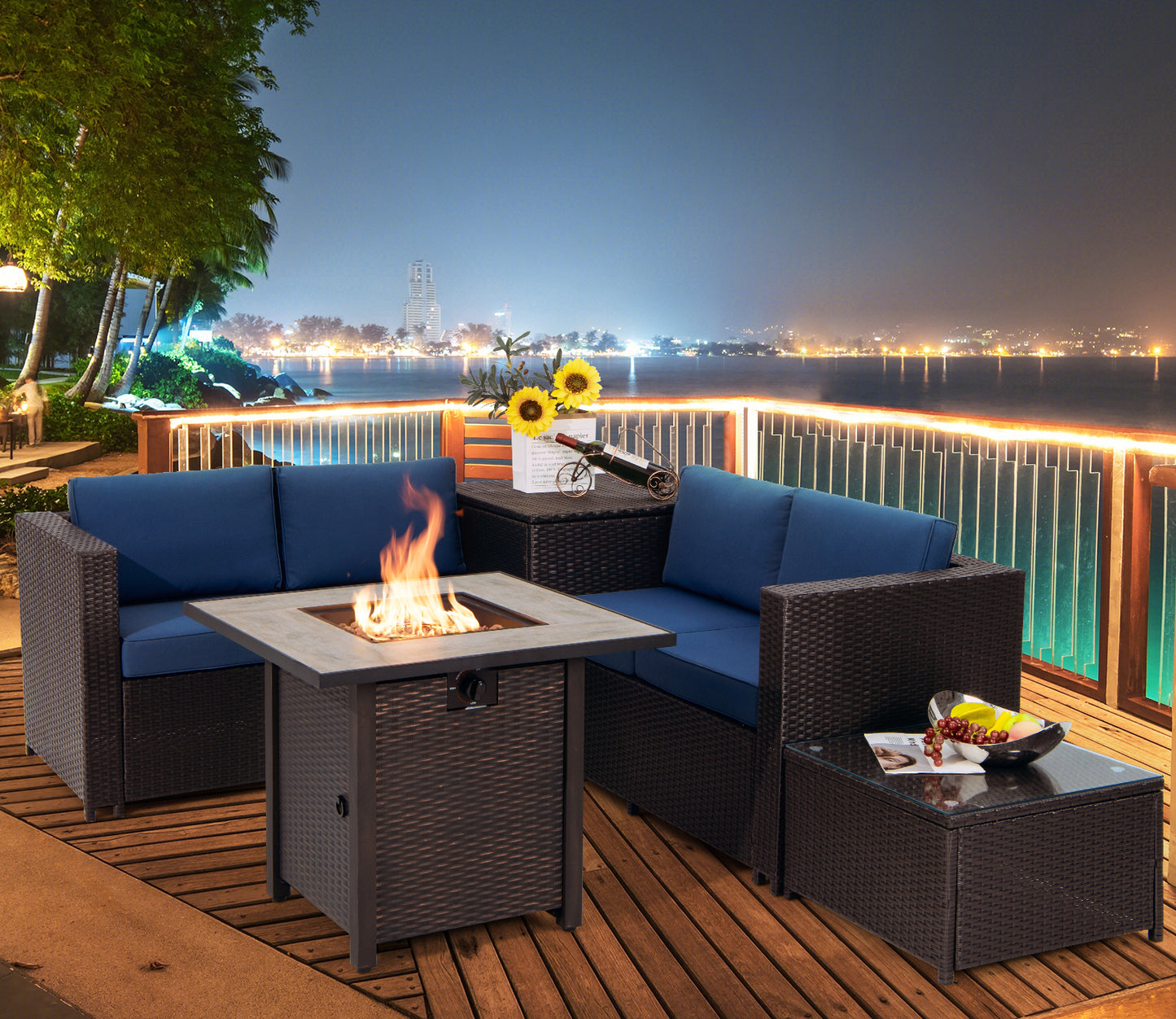 Topbuy 5-Piece Patio Furniture Set with 30 Inches Gas Fire Pit Table Outdoor PE Wicker Conversation Sectional Sofa Set with Cushions