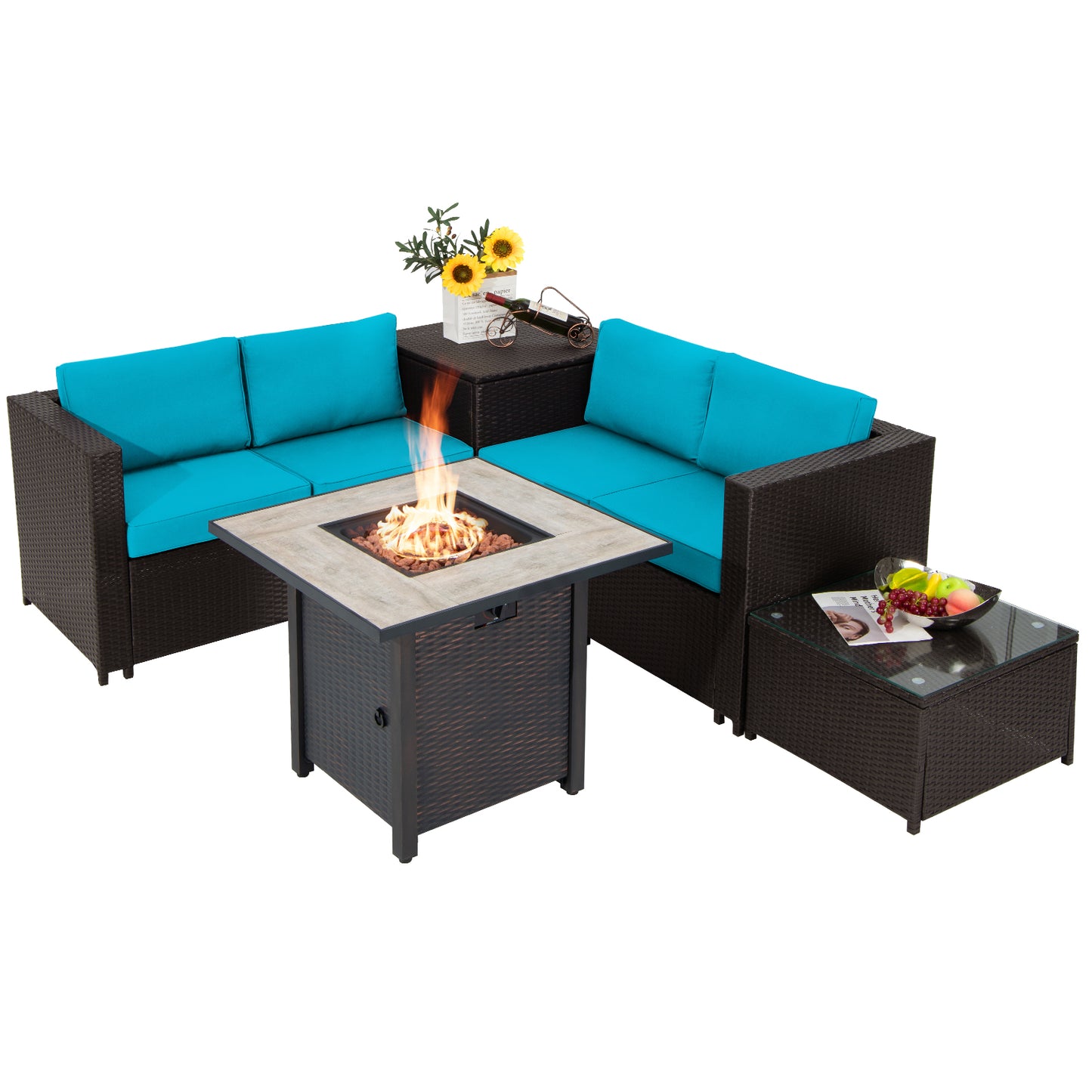 Topbuy 5-Piece Patio Furniture Set with 30 Inches Gas Fire Pit Table Outdoor PE Wicker Conversation Sectional Sofa Set with Cushions