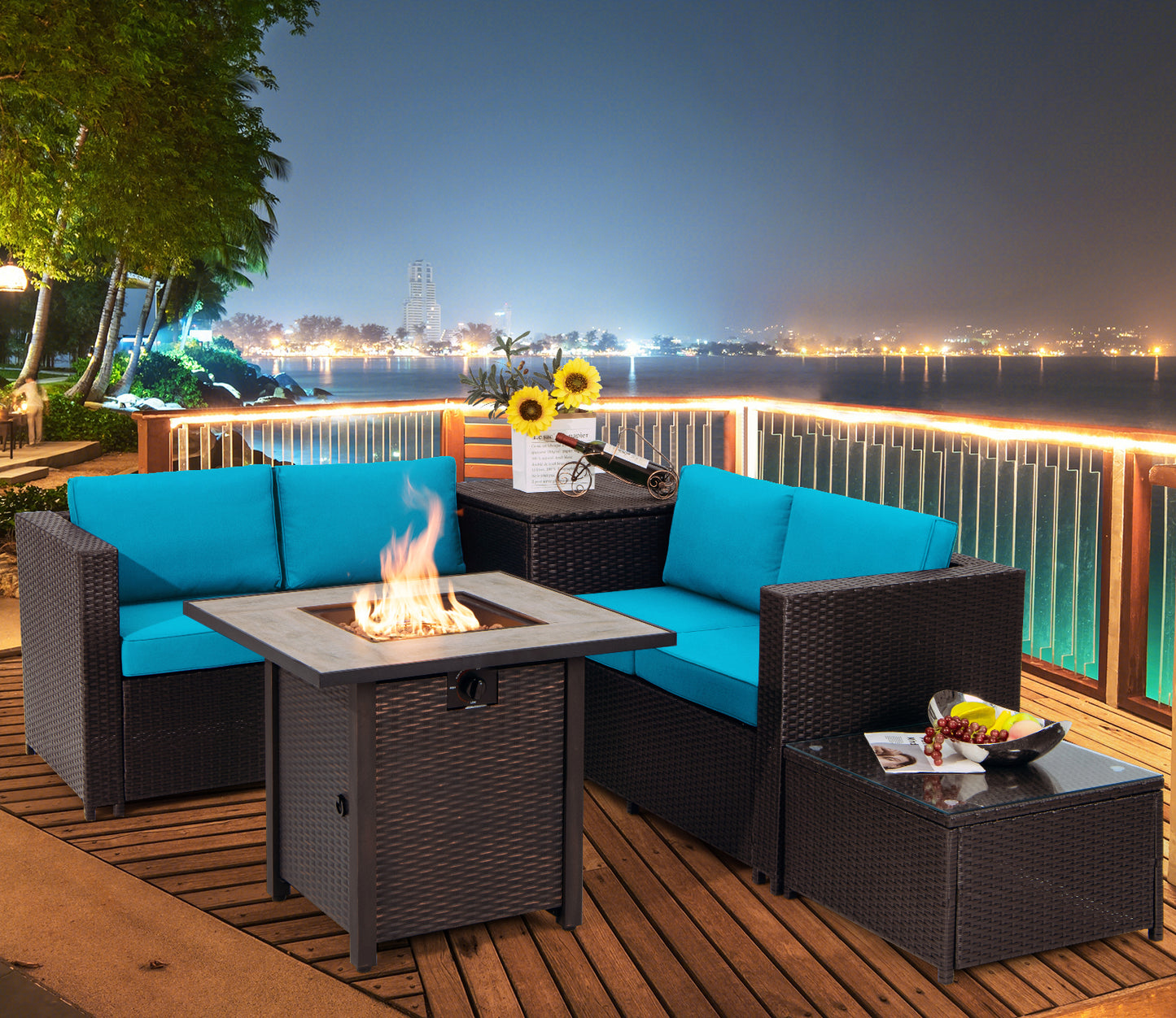 Topbuy 5-Piece Patio Furniture Set with 30 Inches Gas Fire Pit Table Outdoor PE Wicker Conversation Sectional Sofa Set with Cushions