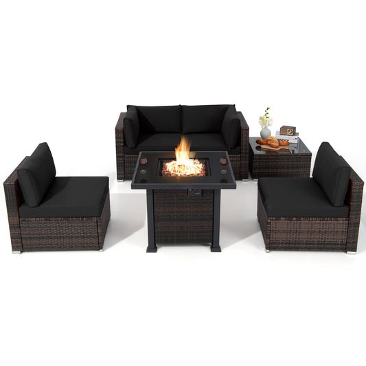 Topbuy 6 Piece Patio Wicker Conversation Set, Outdoor Rattan Sofa Set w/ 32'' Propane Fire Pit Table, 50,000 BTU Heat, Tempered Glass Tabletop Black/Navy Blue/Red/Turquoise/Off White