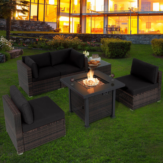 Topbuy 6 Piece Patio Wicker Conversation Set, Outdoor Rattan Sofa Set w/ 32'' Propane Fire Pit Table, 50,000 BTU Heat, Tempered Glass Tabletop Black/Navy Blue/Red/Turquoise/Off White