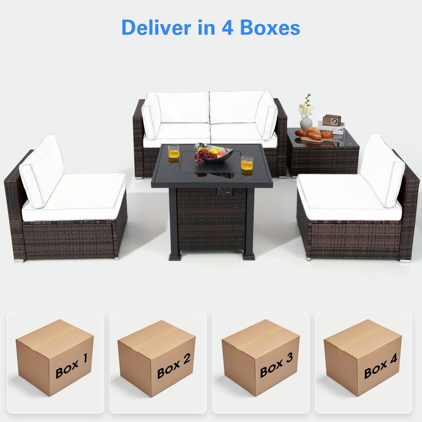 Topbuy 6 Piece Patio Wicker Conversation Set, Outdoor Rattan Sofa Set w/ 32'' Propane Fire Pit Table, 50,000 BTU Heat, Tempered Glass Tabletop Black/Navy Blue/Red/Turquoise/Off White