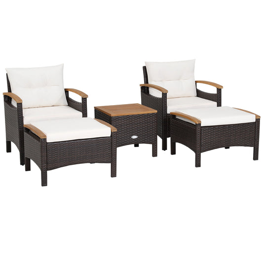 Patiojoy Outdoor Patio 5PCS Rattan Conversation Furniture Set Acacia Wood Frame Chair with Coffee Table & 2 Ottomans for Backyard&Poolside