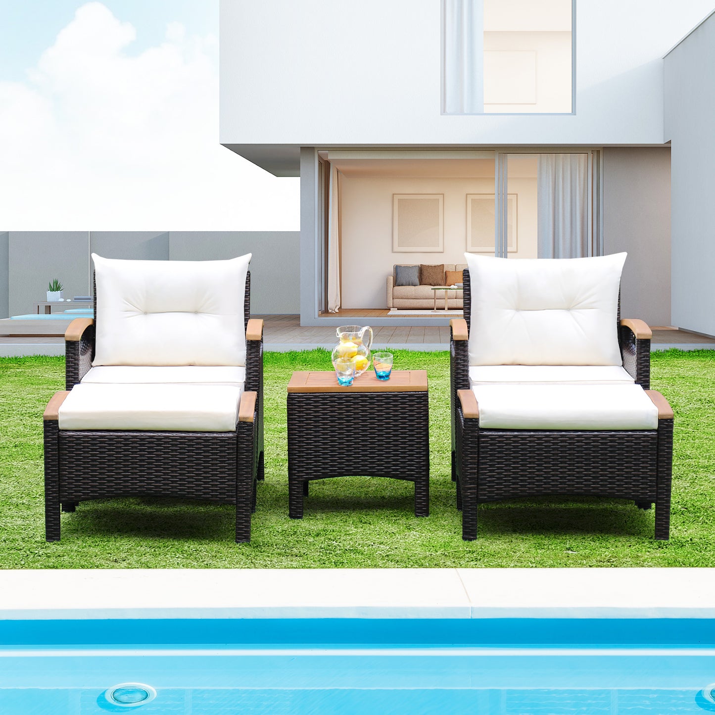 Patiojoy Outdoor Patio 5PCS Rattan Conversation Furniture Set Acacia Wood Frame Chair with Coffee Table & 2 Ottomans for Backyard&Poolside