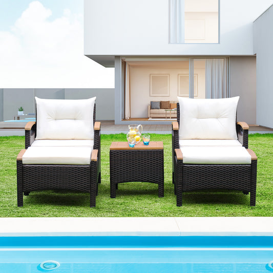 Patiojoy Outdoor Patio 5PCS Rattan Conversation Furniture Set Acacia Wood Frame Chair with Coffee Table & 2 Ottomans for Backyard&Poolside