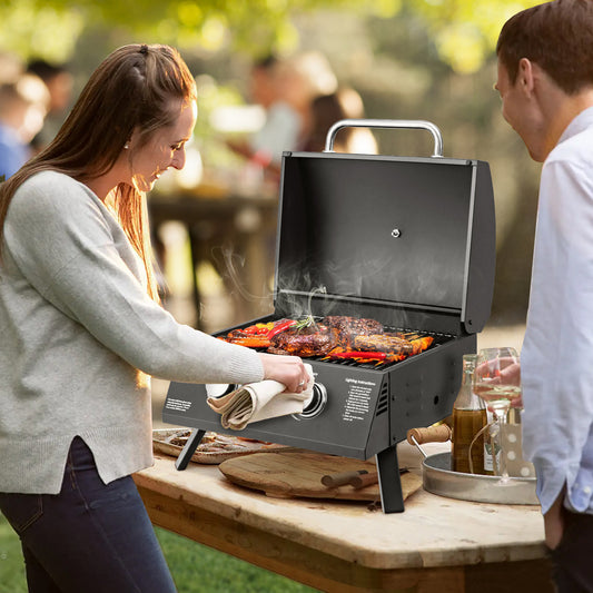 Topbuy Countertop Gas Grill Portable Gas Grill w/ Folding Legs Dual Temperature Control Built-in Thermometer Double Burners