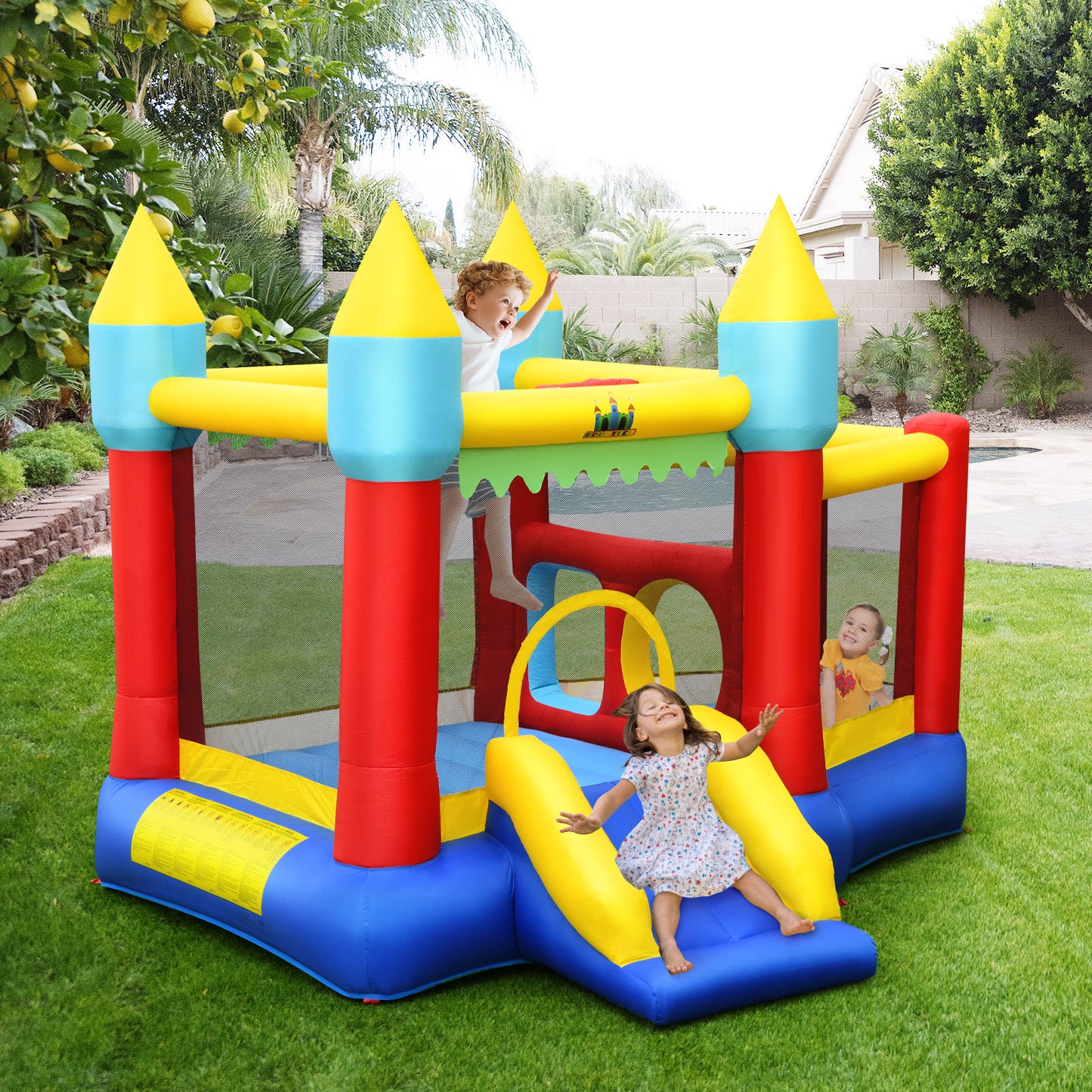 Topbuy Inflatable Bounce House Jumping Castle Kids Slide Park Ball Pit with Basketball Rim for Outdoor&Indoor