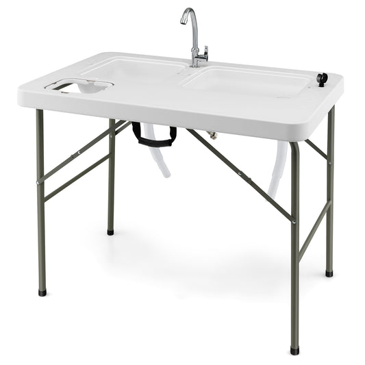Topbuy Portable Fish Cleaning Table Folding Camping Table w/ 2 Sinks & Rotatable Faucet Functional Garbage Holder & Measuring Mark