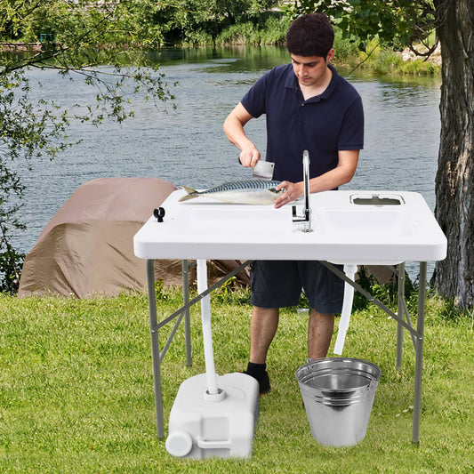 Topbuy Portable Fish Cleaning Table Folding Camping Table w/ 2 Sinks & Rotatable Faucet Functional Garbage Holder & Measuring Mark