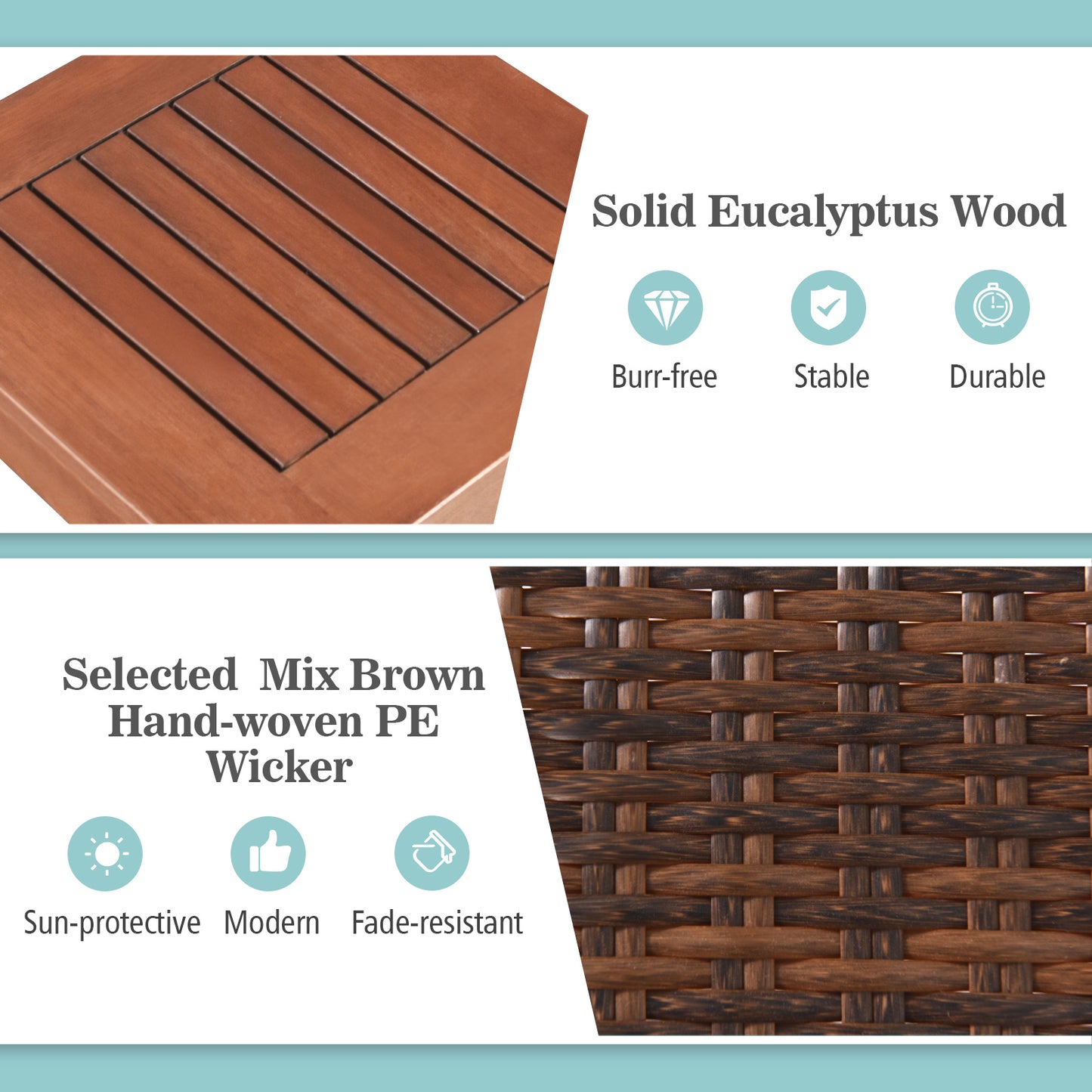 Topbuy 3 Pieces Outdoor Eucalyptus Wood Bistro Set Modern Hand-Woven PE Wicker Conversation Set