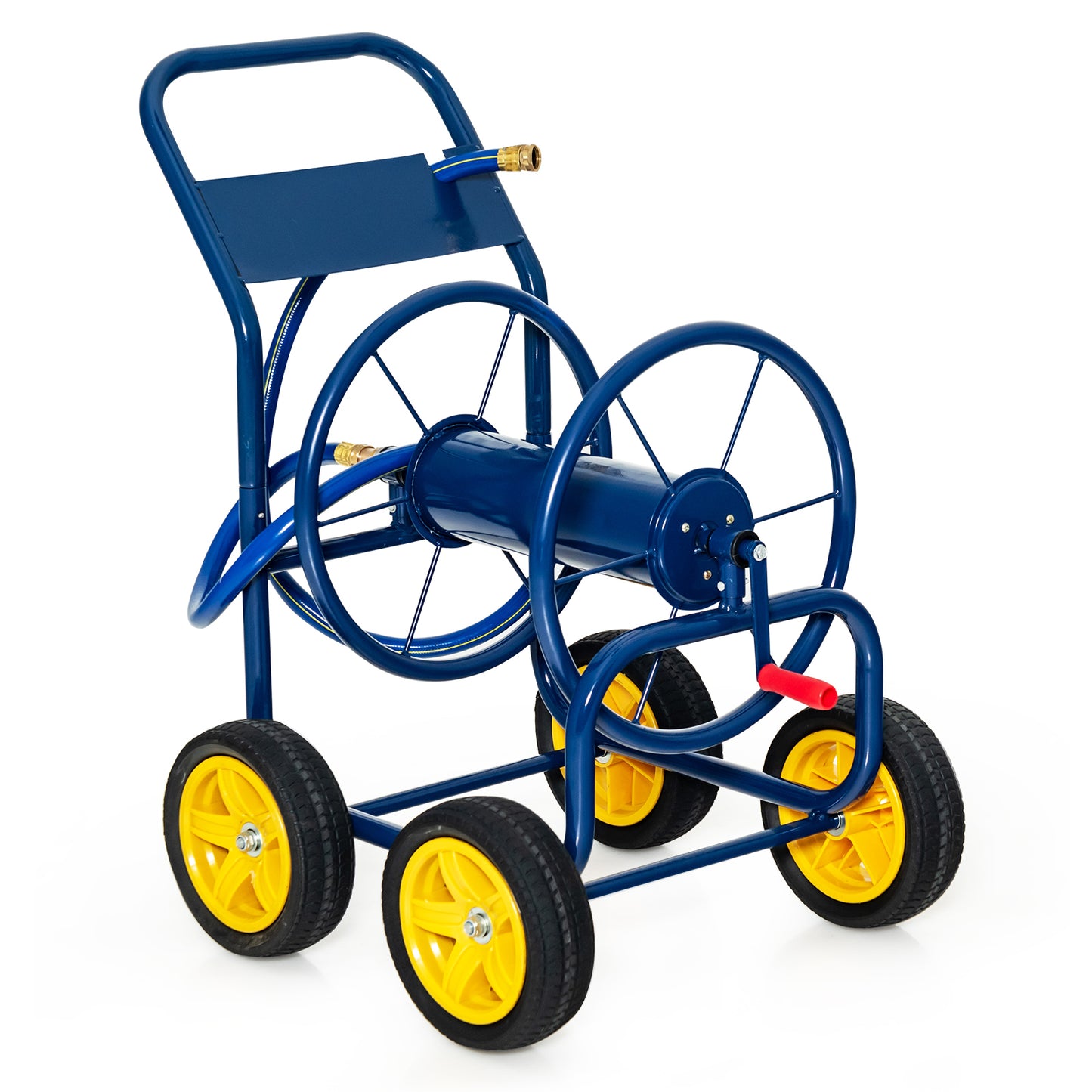 Topbuy 4-Wheel Garden Water Hose Reel Cart, Heavy Duty Wheel Water Planting Cart with Non-slip Crank Handle, Outdoor Slide Hose Guide System