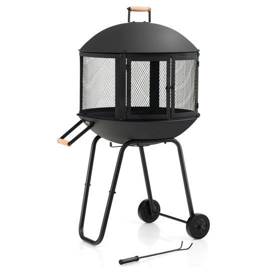 Topbuy Portable Fire Pit with Wheels 28 Inch Wood Burning Fire Pit with Log Grate Poker Rolling Patio Fireplace Wooden Bonfire Firepit for Outdoor Entertaining