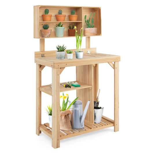 Topbuy Garden Work Bench, Wood Potting Station w/ Bottom Shelves & Top Compartments Solid Fir Wood Structure