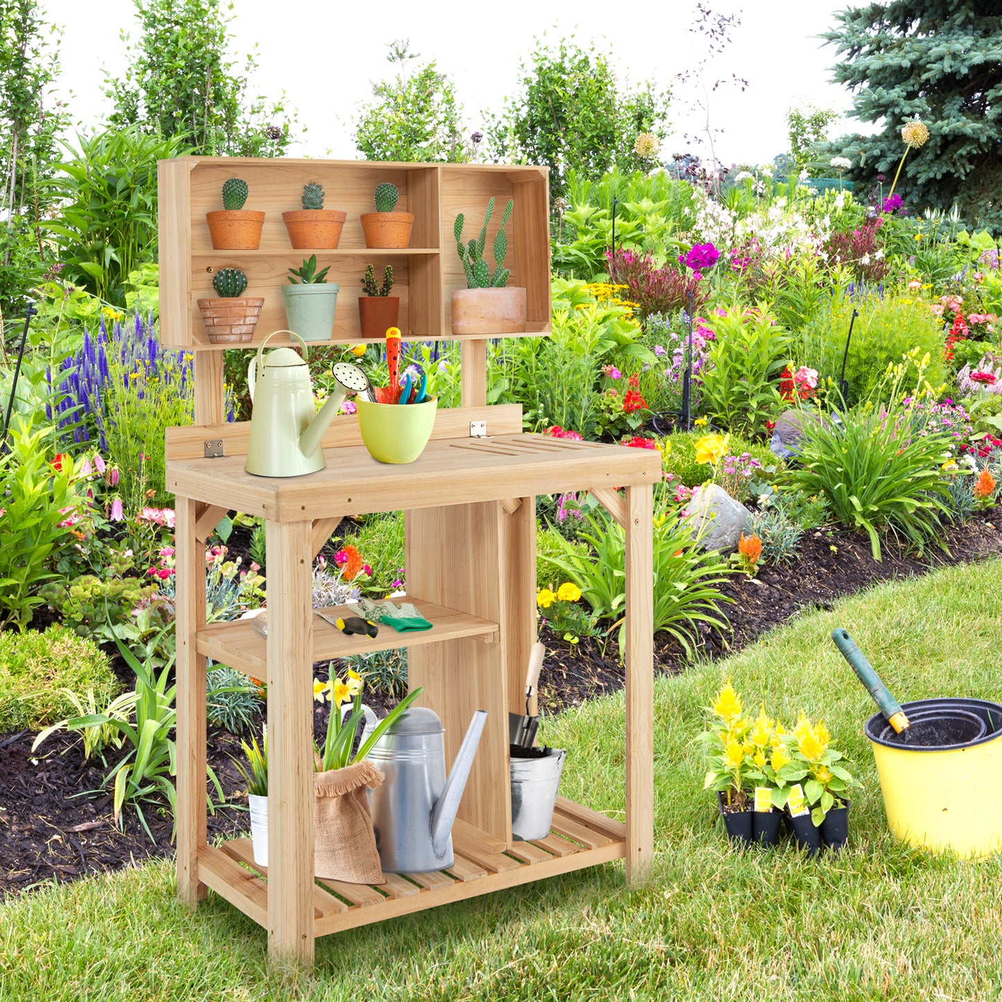 Topbuy Garden Work Bench, Wood Potting Station w/ Bottom Shelves & Top Compartments Solid Fir Wood Structure