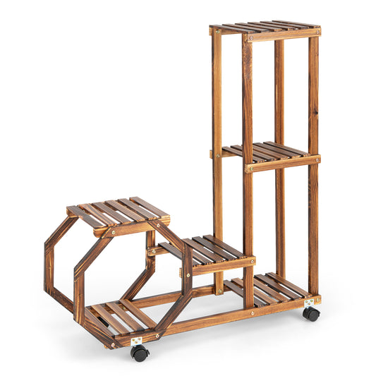 Topbuy 6 Tier 6 Potted Plant Stand Rack 100% Pine Wood Flower Pot Holder Shelf Multi-Layer Flower Stand with Wheels