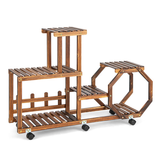 Topbuy 6 Tier 8 Potted Plant Stand Rack 100% Pine Wood Flower Pot Holder Shelf Multi-Layer Flower Stand with Wheels