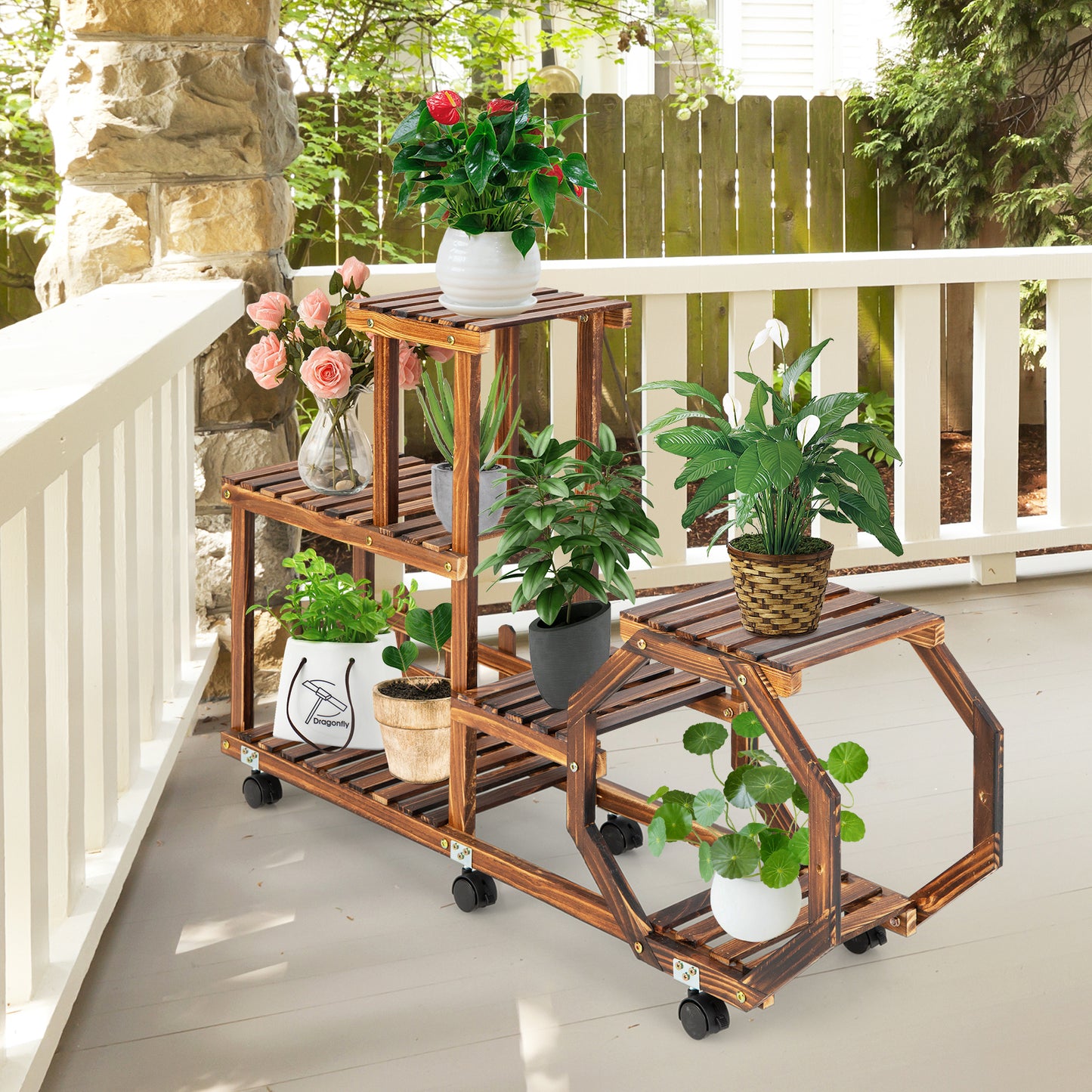 Topbuy 6 Tier 8 Potted Plant Stand Rack 100% Pine Wood Flower Pot Holder Shelf Multi-Layer Flower Stand with Wheels
