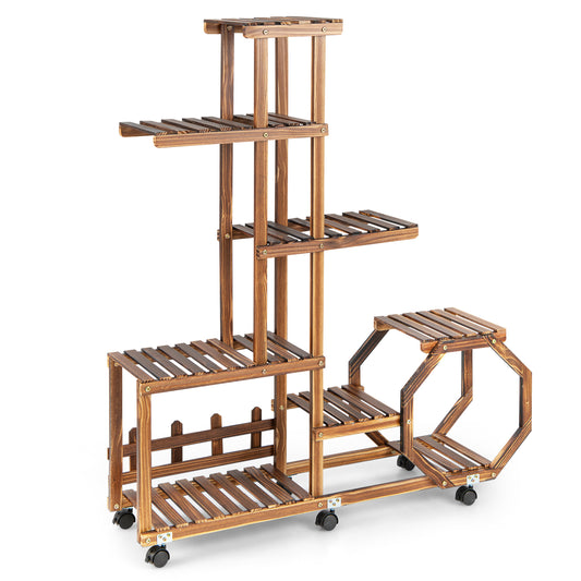 Topbuy 6 Tier 11 Potted Plant Stand Rack 100% Pine Wood Flower Pot Holder Shelf Multi-Layer Flower Stand with Wheels
