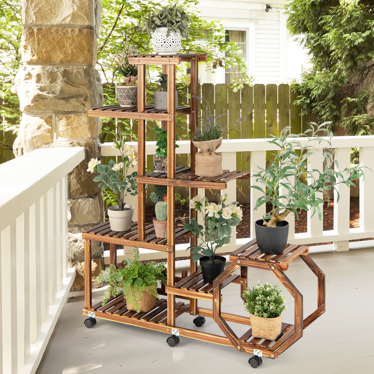 Topbuy 6 Tier 11 Potted Plant Stand Rack 100% Pine Wood Flower Pot Holder Shelf Multi-Layer Flower Stand with Wheels