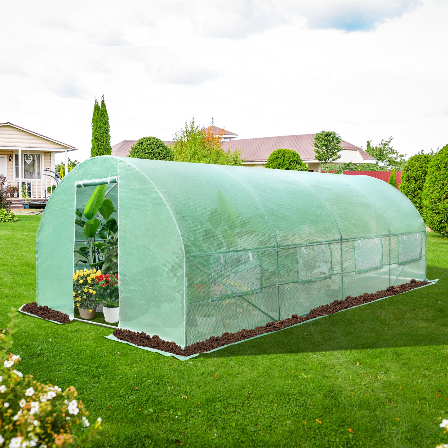 Topbuy 10FT x 20FT x 6.5FT Portable Walk-in Greenhouse Outdoor Gardening Greenhouse w/ 2 Roll-up Zippered Doors 8 Side Mesh Windows