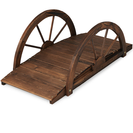 Topbuy 3.3 FT Wooden Garden Bridge Arc Stained Finish Footbridge w/Double Half-wheel Railings & Solid Fir Wood Construction