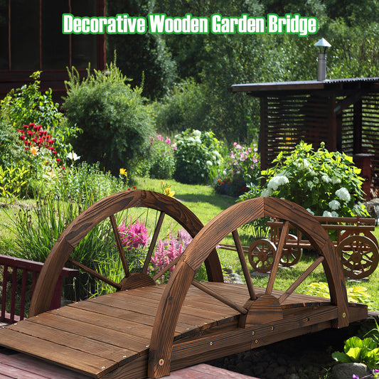 Topbuy 3.3 FT Wooden Garden Bridge Arc Stained Finish Footbridge w/Double Half-wheel Railings & Solid Fir Wood Construction