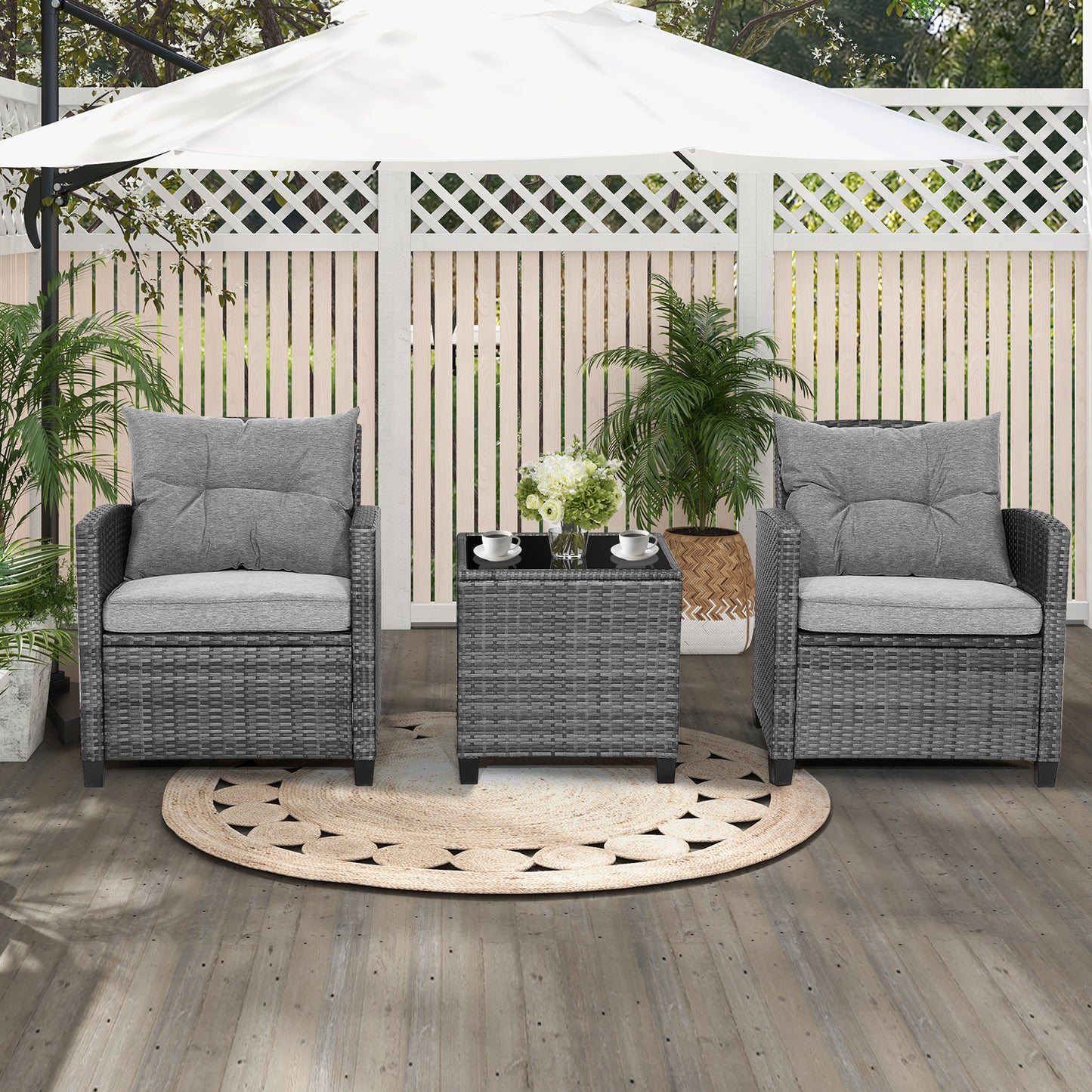 Topbuy 3 Pieces Outdoor Furniture Set Patio PE Rattan Conversation Set with Removable Cushions PE Wicker Sofas with Tempered Glass Side Table