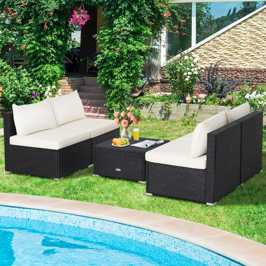 Topbuy 5 Piece Patio Furniture Set Outdoor Rattan Sofa Set w/ Seat & Back Cushions Convenient Square Coffee Table