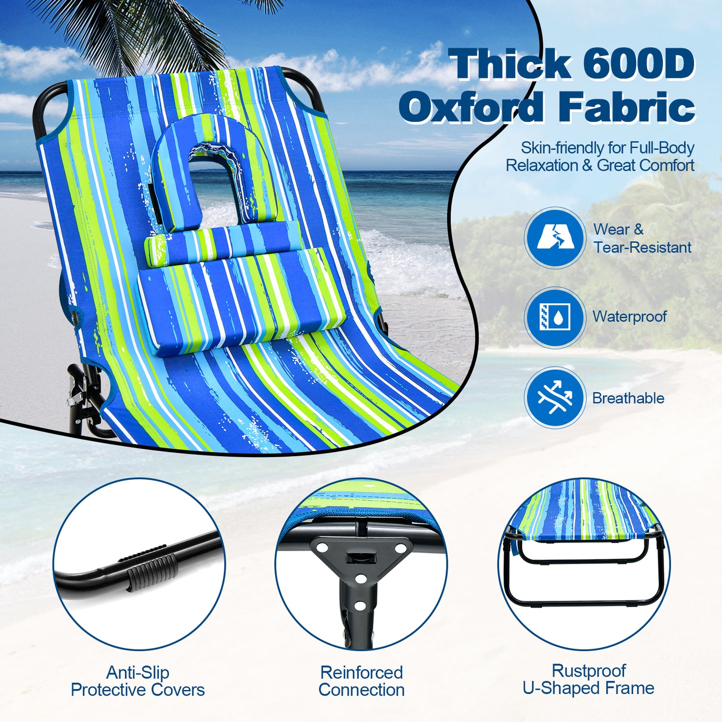 Topbuy Beach Chaise Lounge Chair Adjustable Face Down Tanning Chair w/ Face Hole and Removable Pillow 5 Adjustable Positions