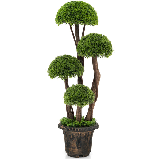 Topbuy 3 FT Artificial Cedar Topiary Tree Indoor & Outdoor Fake Topiary Cypress Plant w/ Rattan Trunk Cement Filled Pot