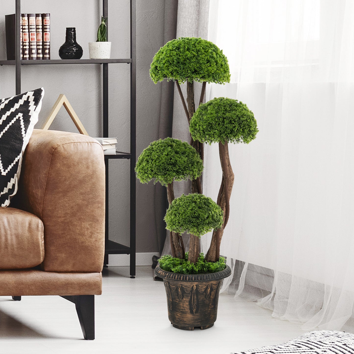 Topbuy 3 FT Artificial Cedar Topiary Tree Indoor & Outdoor Fake Topiary Cypress Plant w/ Rattan Trunk Cement Filled Pot