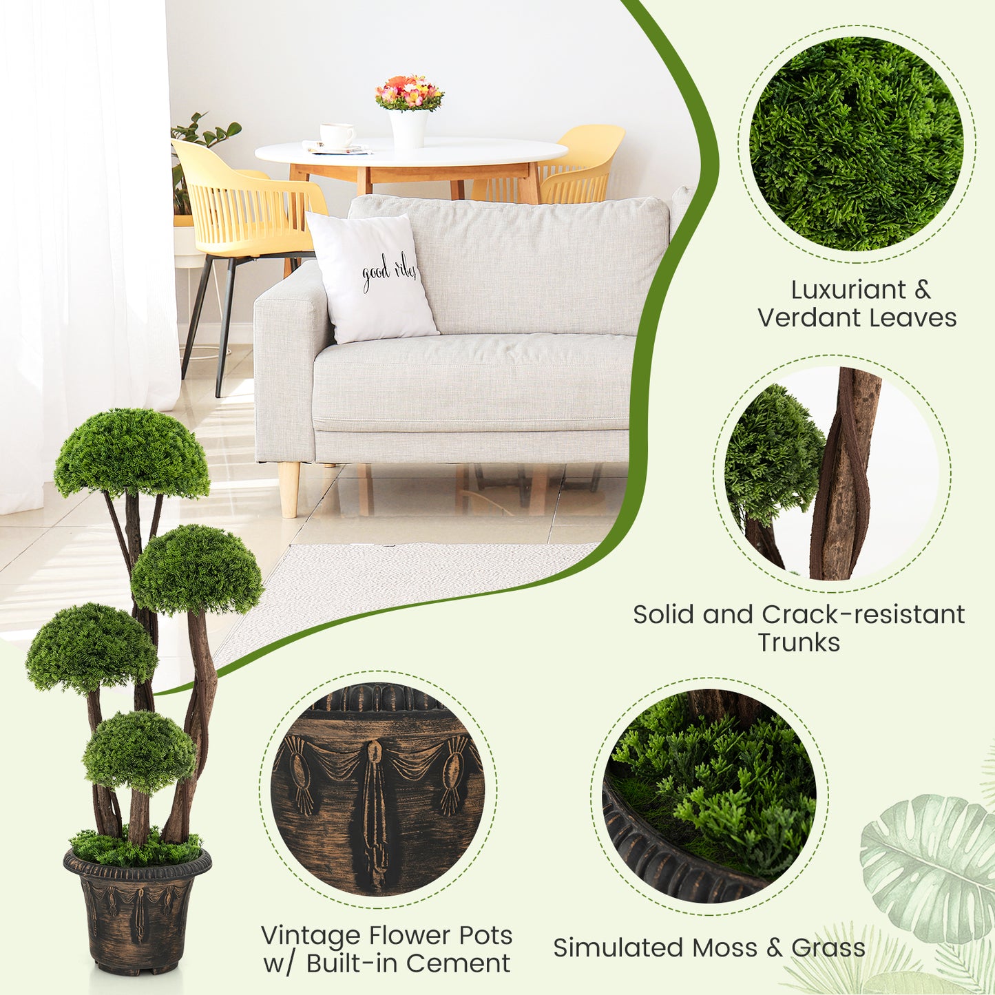 Topbuy 3 FT Artificial Cedar Topiary Tree Indoor & Outdoor Fake Topiary Cypress Plant w/ Rattan Trunk Cement Filled Pot