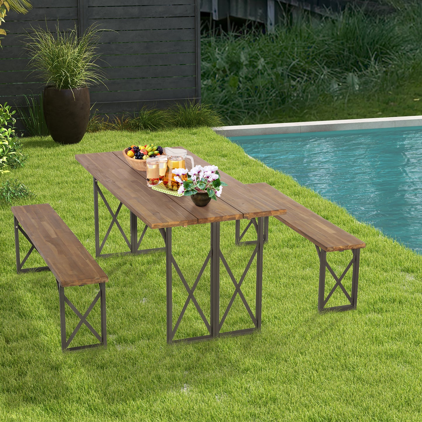 Topbuy 3 Piece Patio Picnic Table Bench Set, Outdoor Camping Table Set w/ Acacia Wood Tabletop & Seat 2'' Umbrella Hole