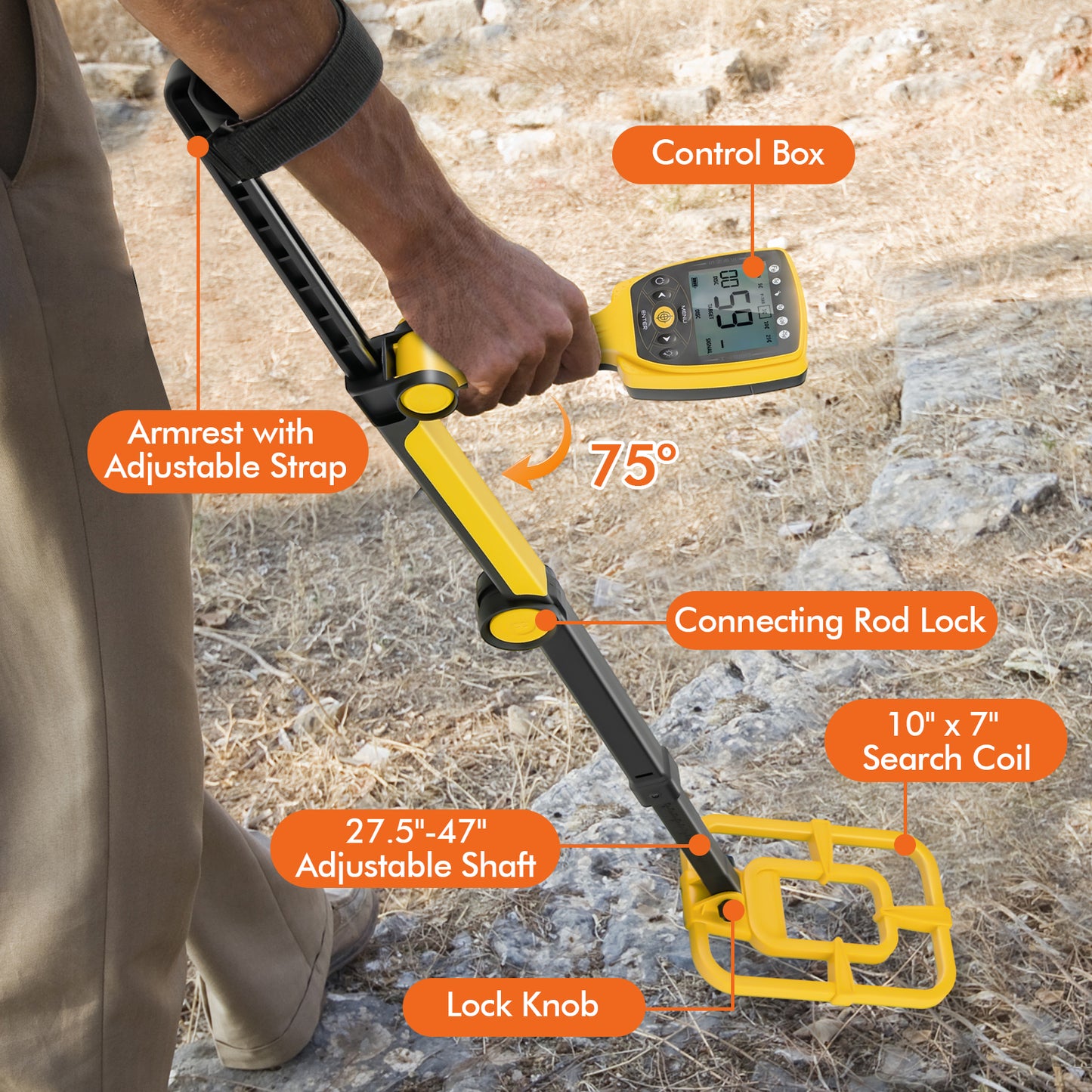 Topbuy Metal Detector for Adults Folding 27.5''-47'' High Accuracy IP68 Waterproof Metal Detector w/ Adjustable LCD Display & 10'' Search Coil