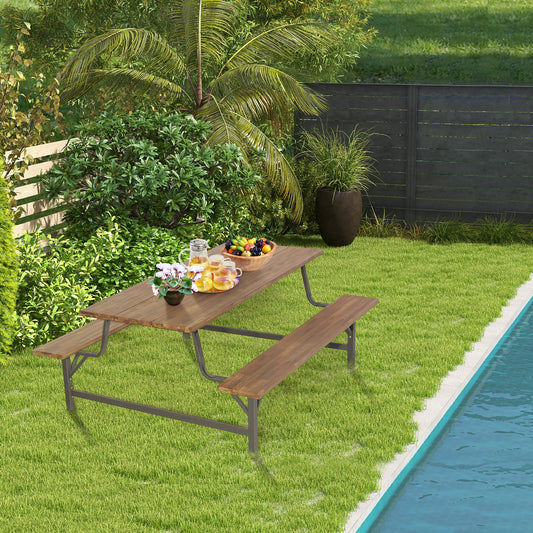 Topbuy 71'' Patio Picnic Table Bench Set Outdoor Camping Table Set w/ Acacia Wood Tabletop & Seat 2'' Umbrella Hole