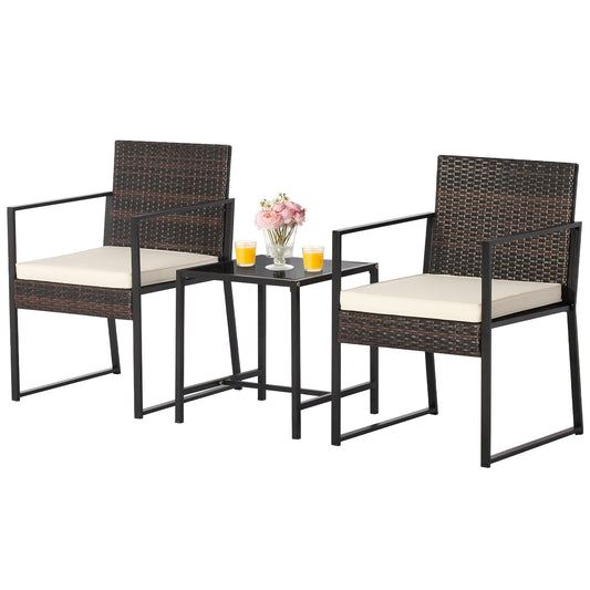 Topbuy 3 Pieces Patio Furniture Set Hand-Woven PE Wicker Chairs with Tempered Glass Coffee Table & Soft Cushions Off White
