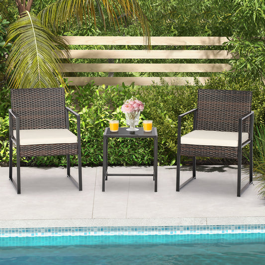 Topbuy 3 Pieces Patio Furniture Set Hand-Woven PE Wicker Chairs with Tempered Glass Coffee Table & Soft Cushions Off White