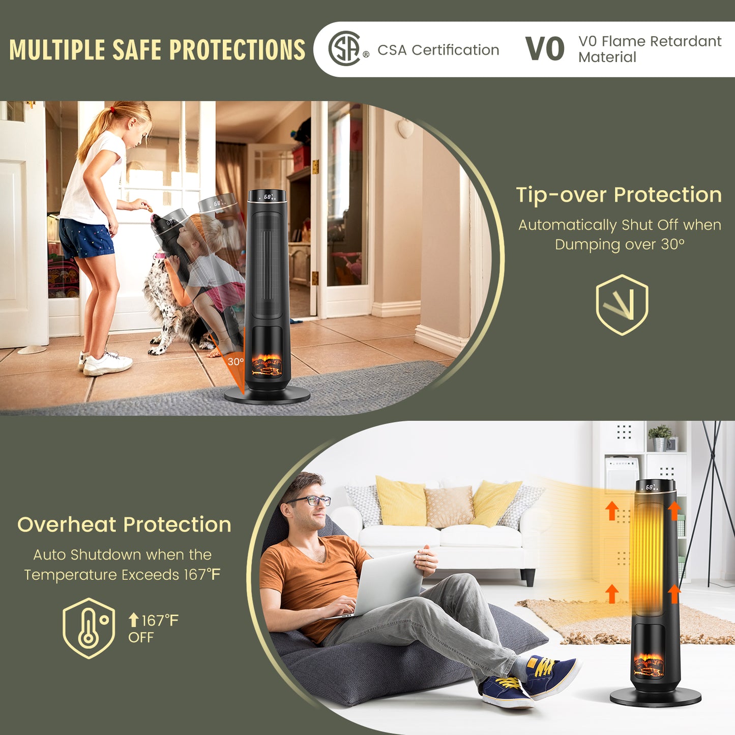 Topbuy 1500W PTC Space Heater, Electric Ceramic Tower Heater w/ LED 3D Flame Effect 80¡ã Oscillation & 12H Timer