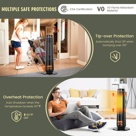 Topbuy 1500W PTC Space Heater, Electric Ceramic Tower Heater w/ LED 3D Flame Effect 80¡ã Oscillation & 12H Timer